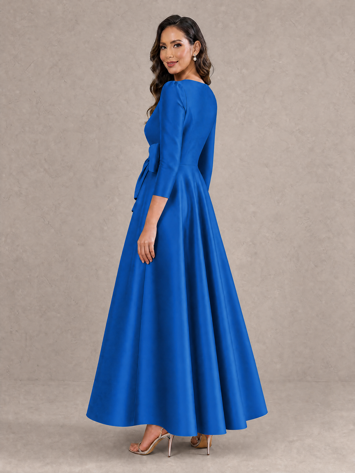 BOLODOO Blue Satin Deep V-Neck Wrap 3/4 Puff Sleeve A-Line Ball Gown Maxi Dress with Oversized Bow Belt - Blue