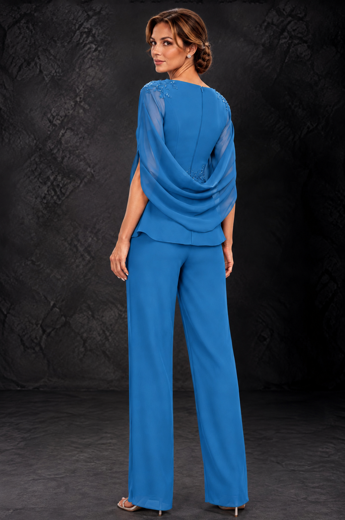 BOLODOO Blue Embellished Cape Sleeve Mother of the Bride Pantsuit - Blue - Blue_2