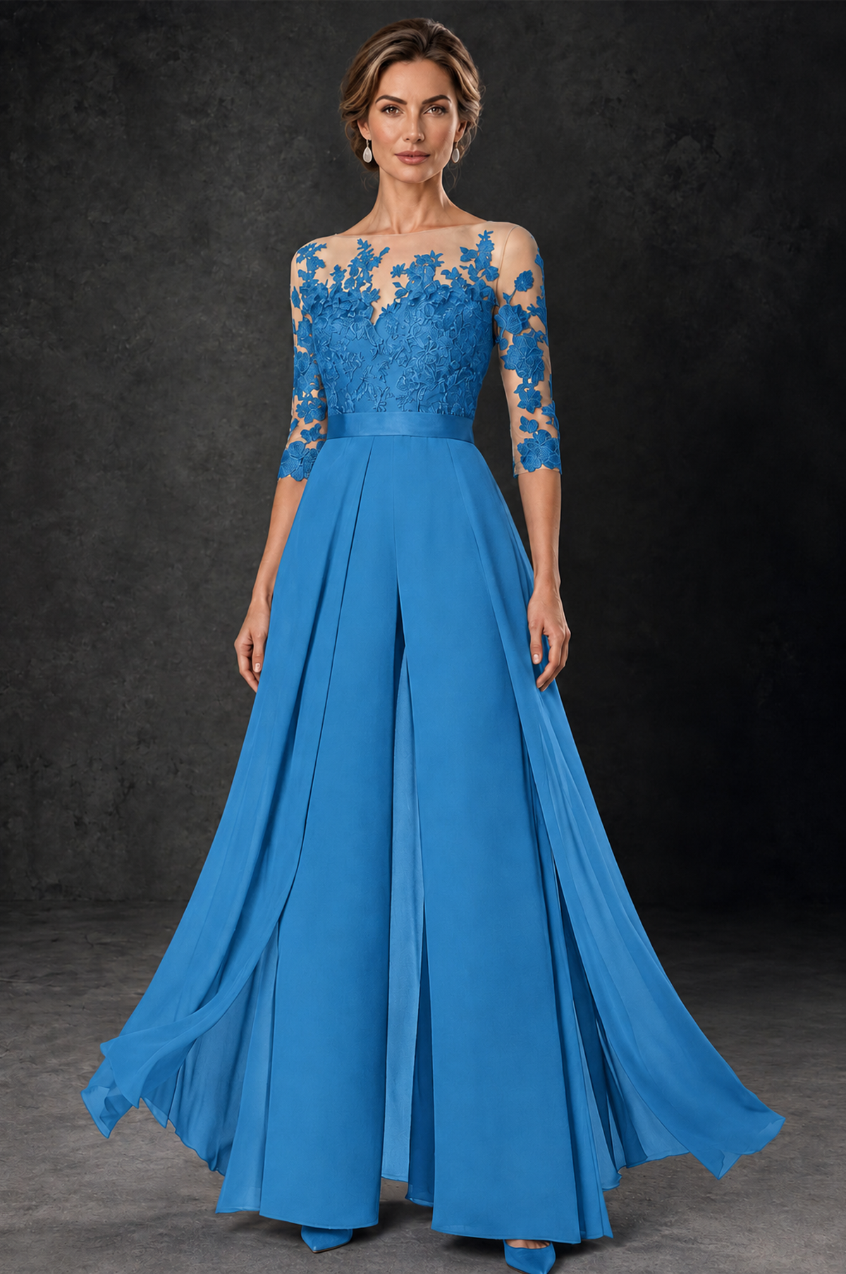BOLODOO Blue Lace Wide-Leg Jumpsuit with Three-Quarter Sleeves - Blue - Blue_2