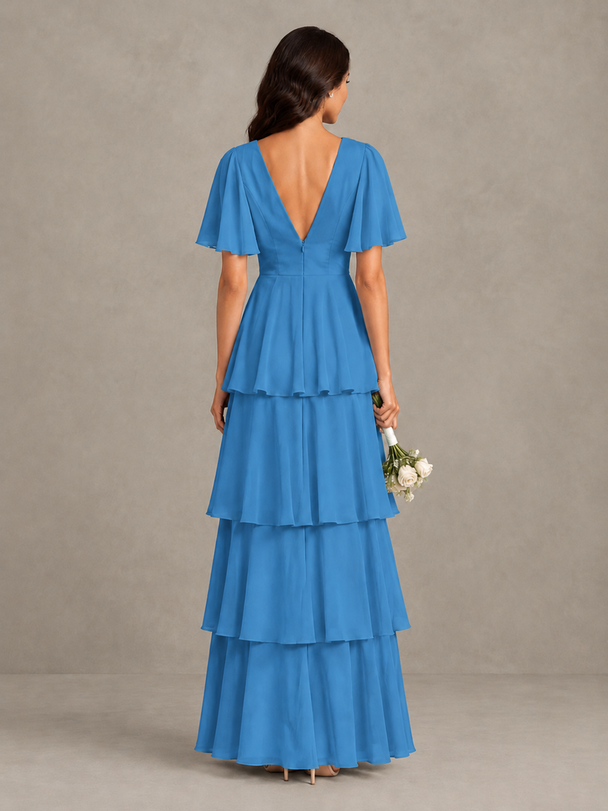 BOLODOO Blue Tiered Flutter Sleeve Bridesmaid Dress - Blue - Blue_2