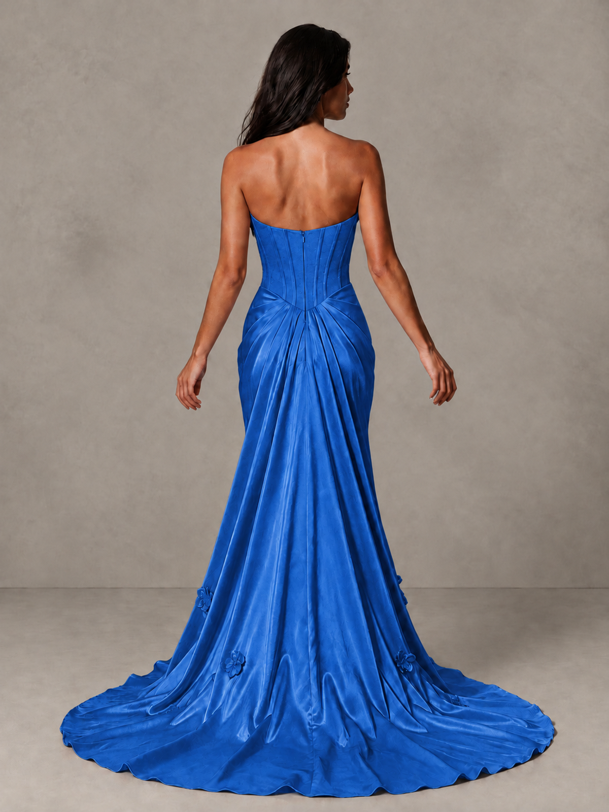 BOLODOO Blue Strapless Floral Corset Evening Gown with Train - Blue - Blue_2
