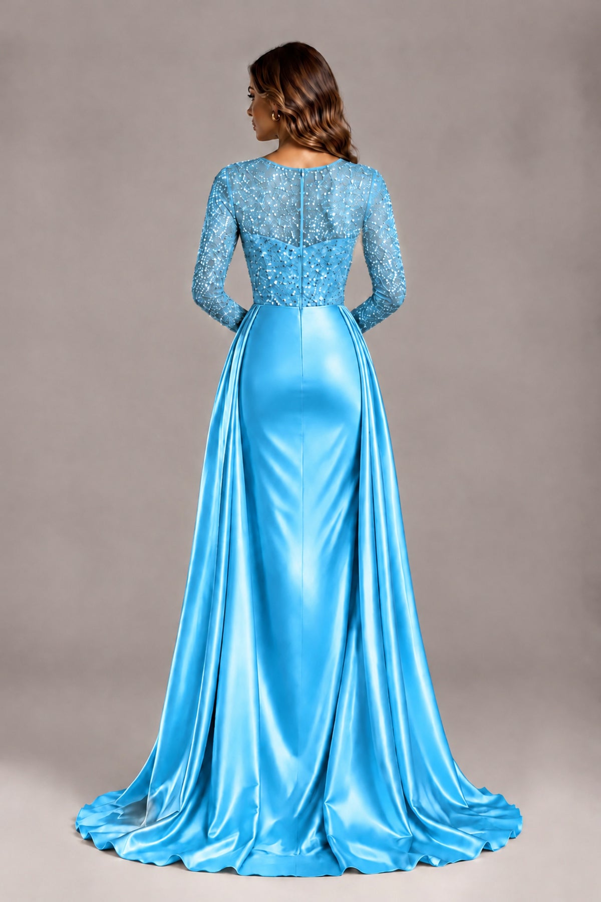 BOLODOO Blue Long Sleeve Embellished Satin Evening Gown with Sweep Train - Blue - Blue_2