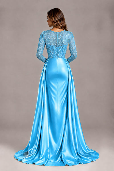 BOLODOO Blue Long Sleeve Embellished Satin Evening Gown with Sweep Train - Blue - Blue_2