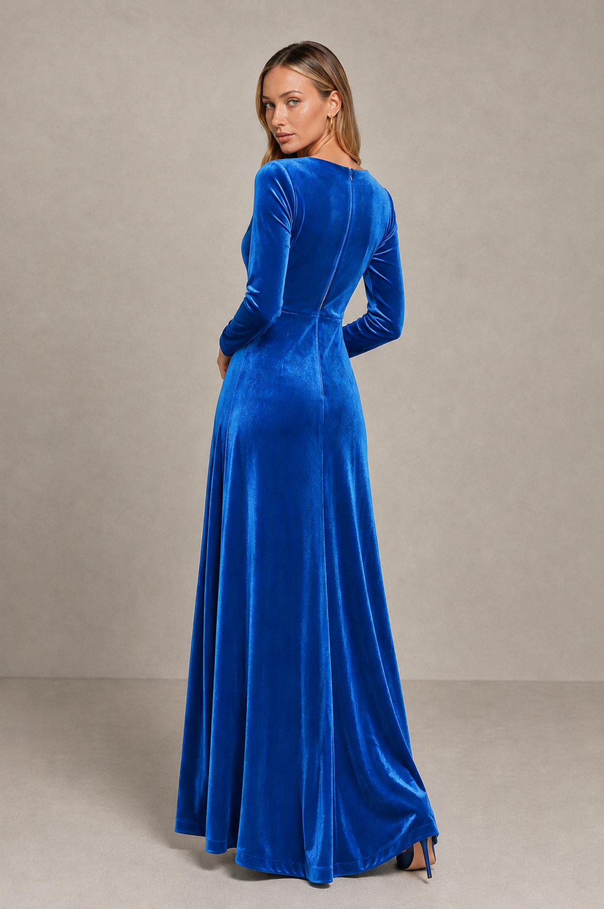BOLODOO Blue Velvet Long Sleeve V-Neck Ruched Evening Dress - Blue - Blue_2