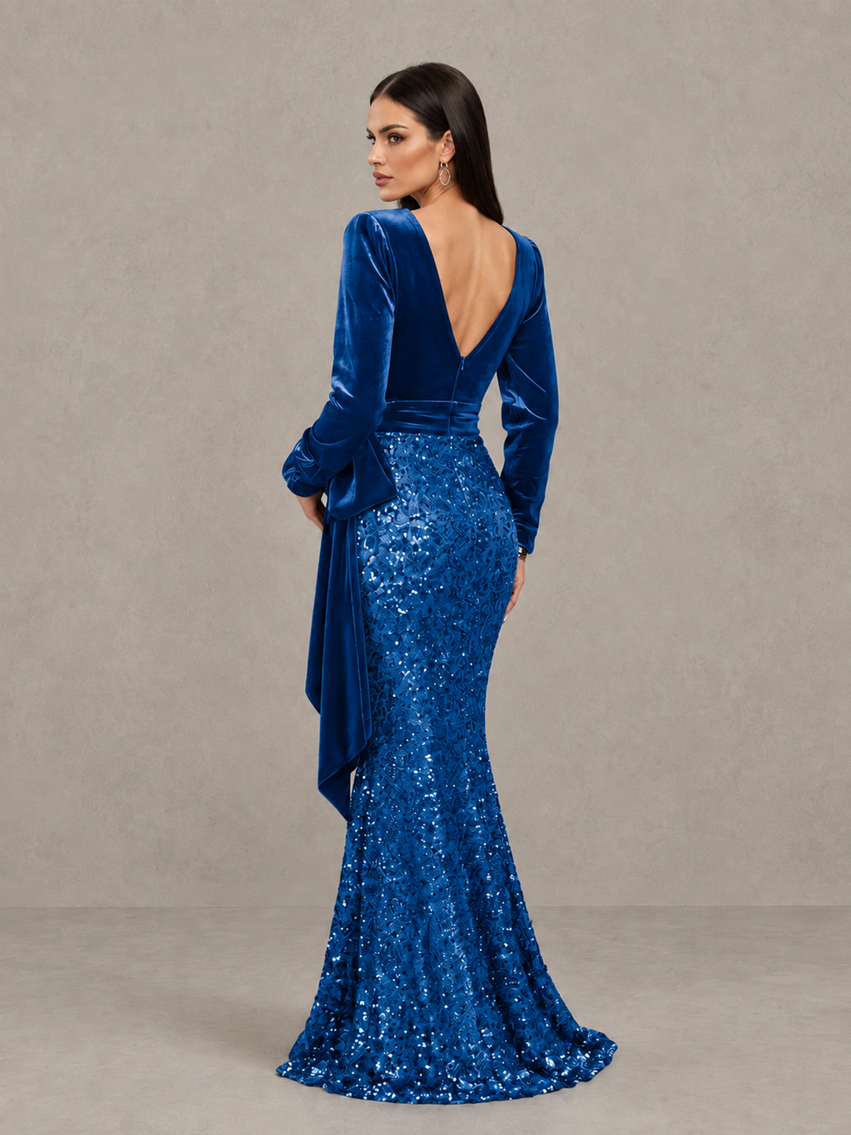 BOLODOO Blue Velvet & Sequin Long Sleeve V-Neck Mermaid Evening Gown - Blue - Blue_2
