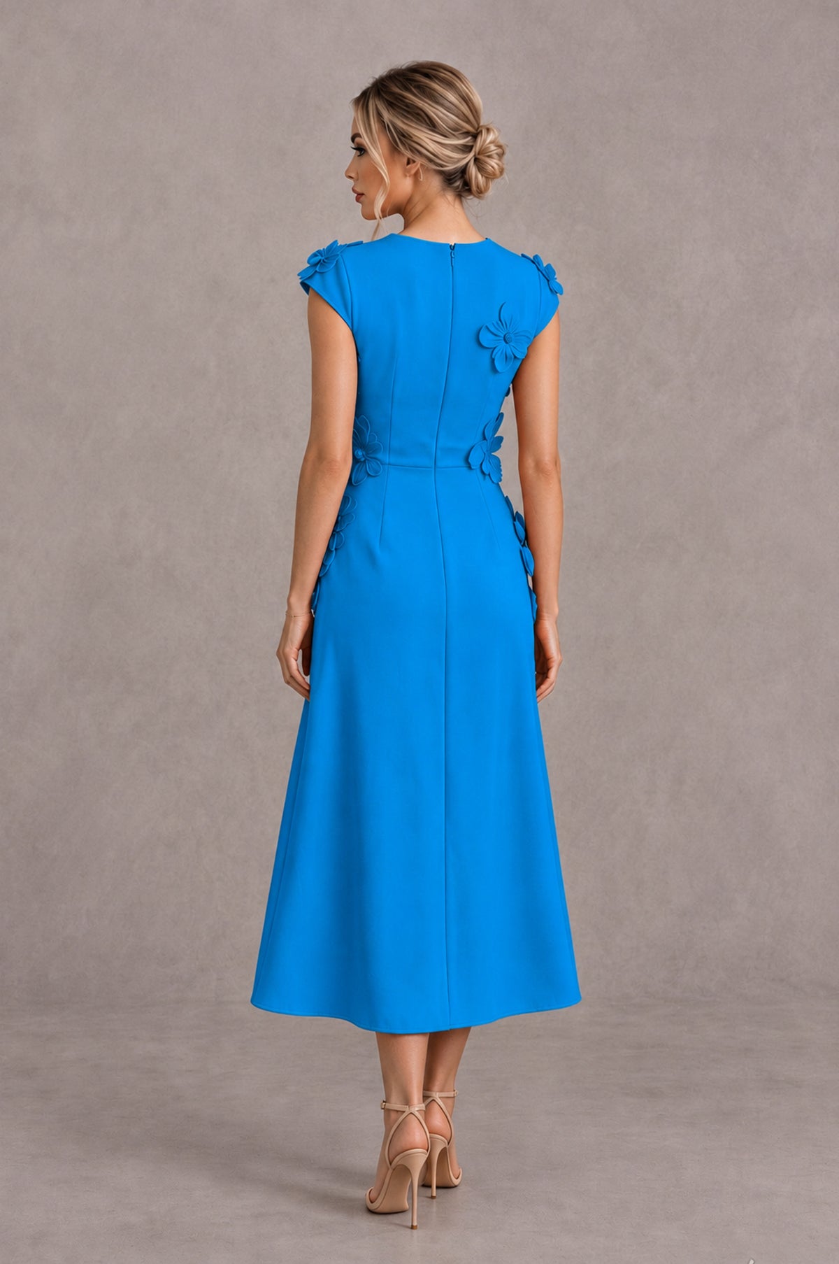BOLODOO Blue 3D Floral Cap Sleeve Midi Cocktail Dress - Blue - Blue_2