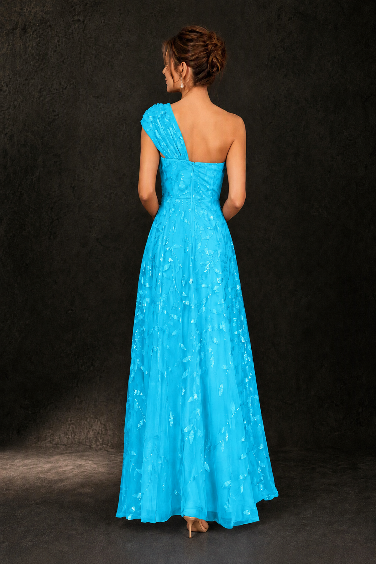 BOLODOO Blue Leaf Sequin One-Shoulder A-Line Maxi Gown – Mother of the Bride & Formal Evening Dress - Blue - Blue_2