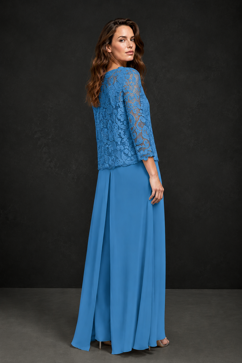 BOLODOO Blue Grey Lace Peplum Top & Wide-Leg Chiffon Pants Set | Mother of the Bride & Formal Evening Outfit - Blue