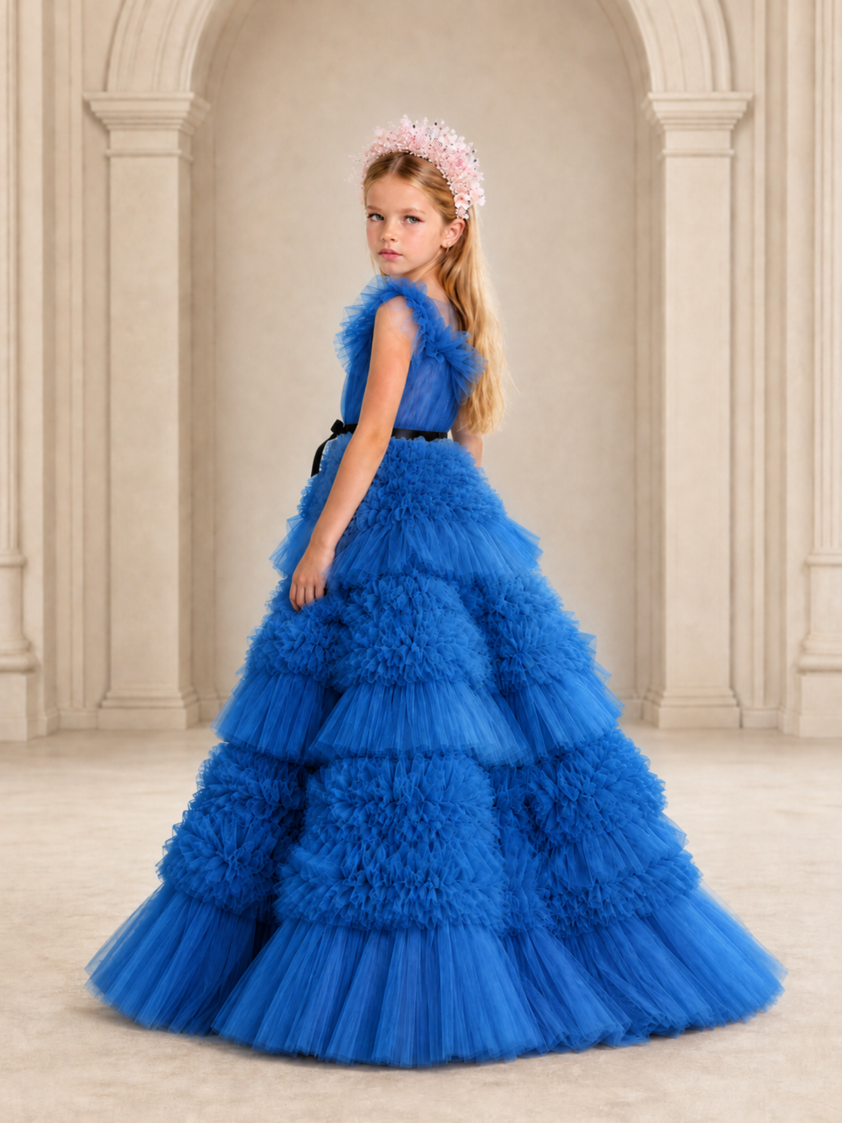 BOLODOO Blue Tiered Tulle Flower Girl Dress with Floral Appliques - Blue - Blue_2