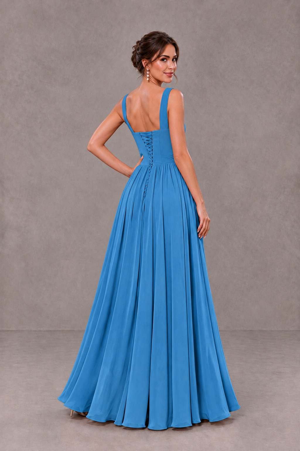 BOLODOO Blue Square Neck A-Line Bridesmaid Dress with Slit - Blue - Blue_2