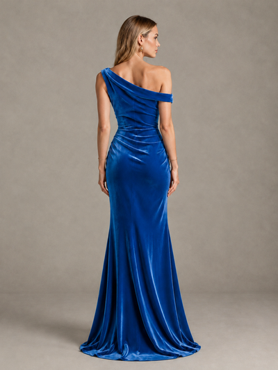 BOLODOO Blue One-Shoulder Velvet Mermaid Evening Gown - Blue - Blue_2