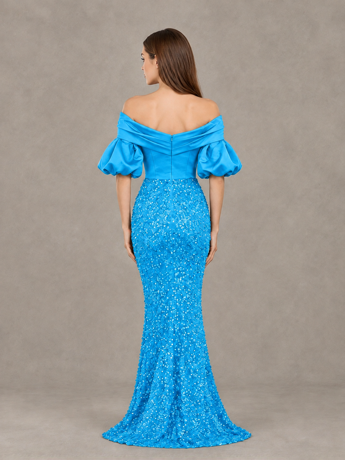 BOLODOO Blue Off-Shoulder Puff Sleeve Sequin Mermaid Evening Dress - Blue - Blue_2