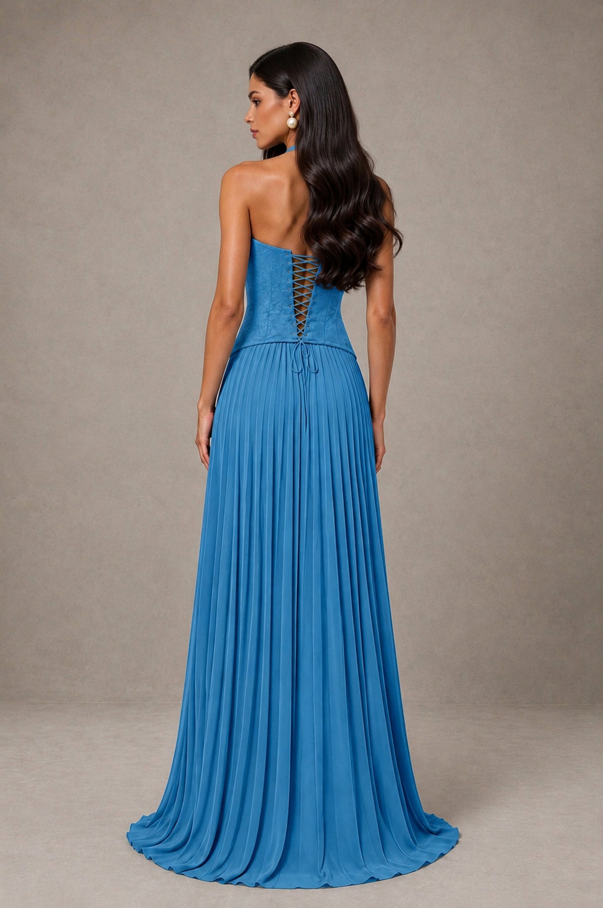 BOLODOO Blue Halter Corset Pleated A-Line Evening Dress - Blue - Blue_2