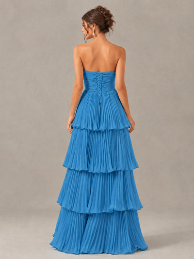BOLODOO Blue Strapless Tiered Pleated Bridesmaid Dress - Blue - Blue_2