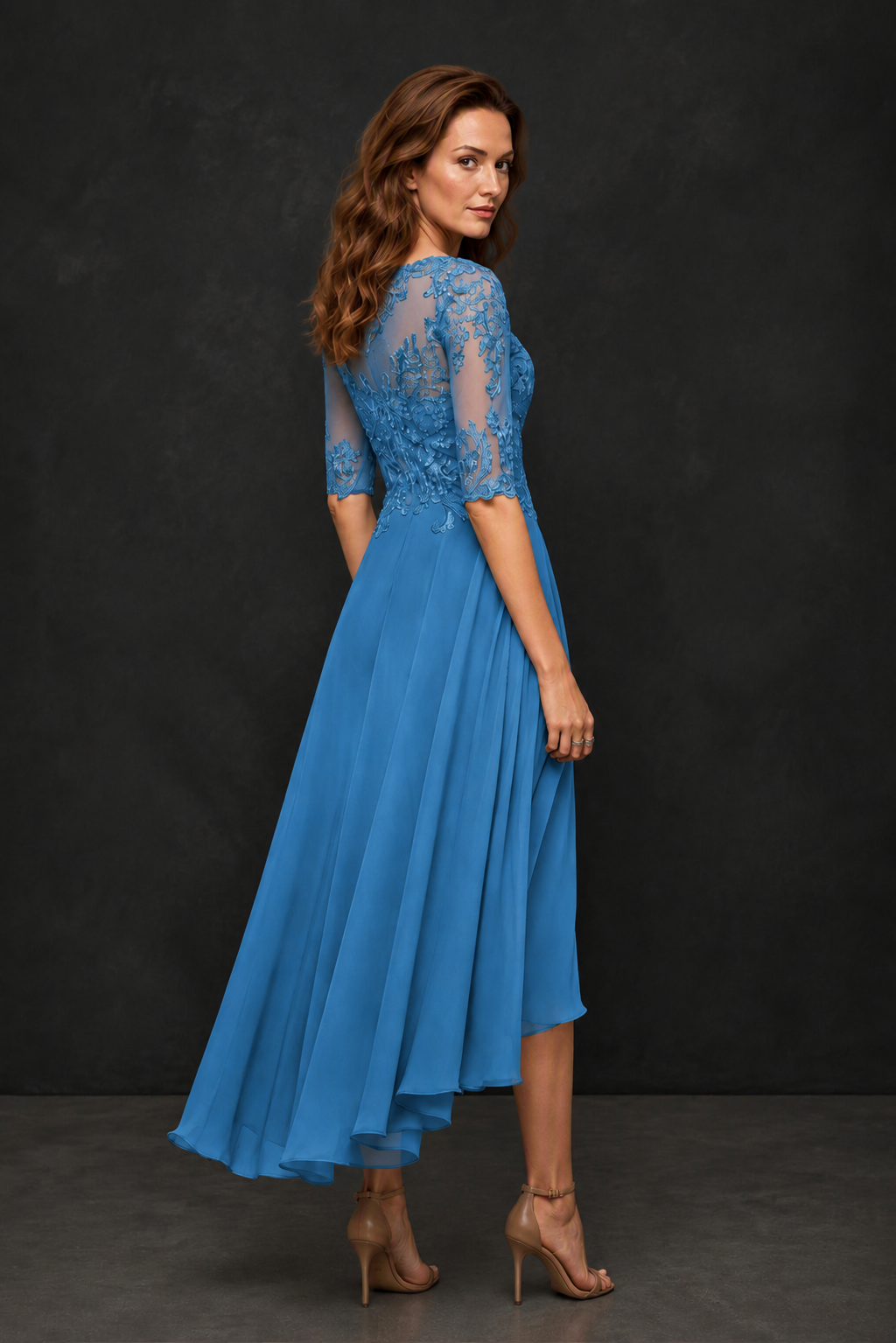 BOLODOO Blue Illusion Lace 3/4 Sleeve Hi-Lo Chiffon A-Line Dress | Mother of the Bride Tea Length Dress - Blue