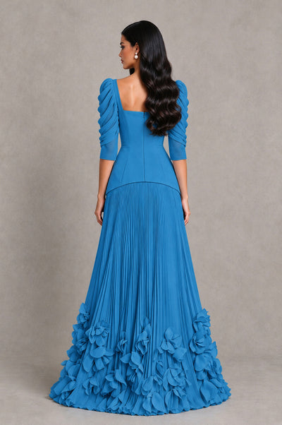 BOLODOO Blue Square Neck Pleated Floral Applique Evening Dress - Blue - Blue_2