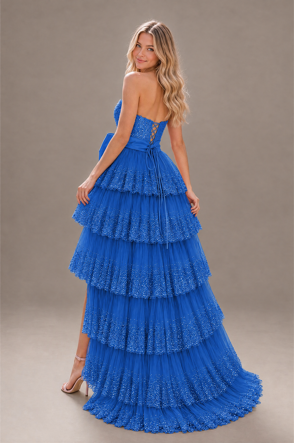 BOLODOO Blue Strapless Tiered Tulle Prom Dress with Bow - Blue - Blue_2