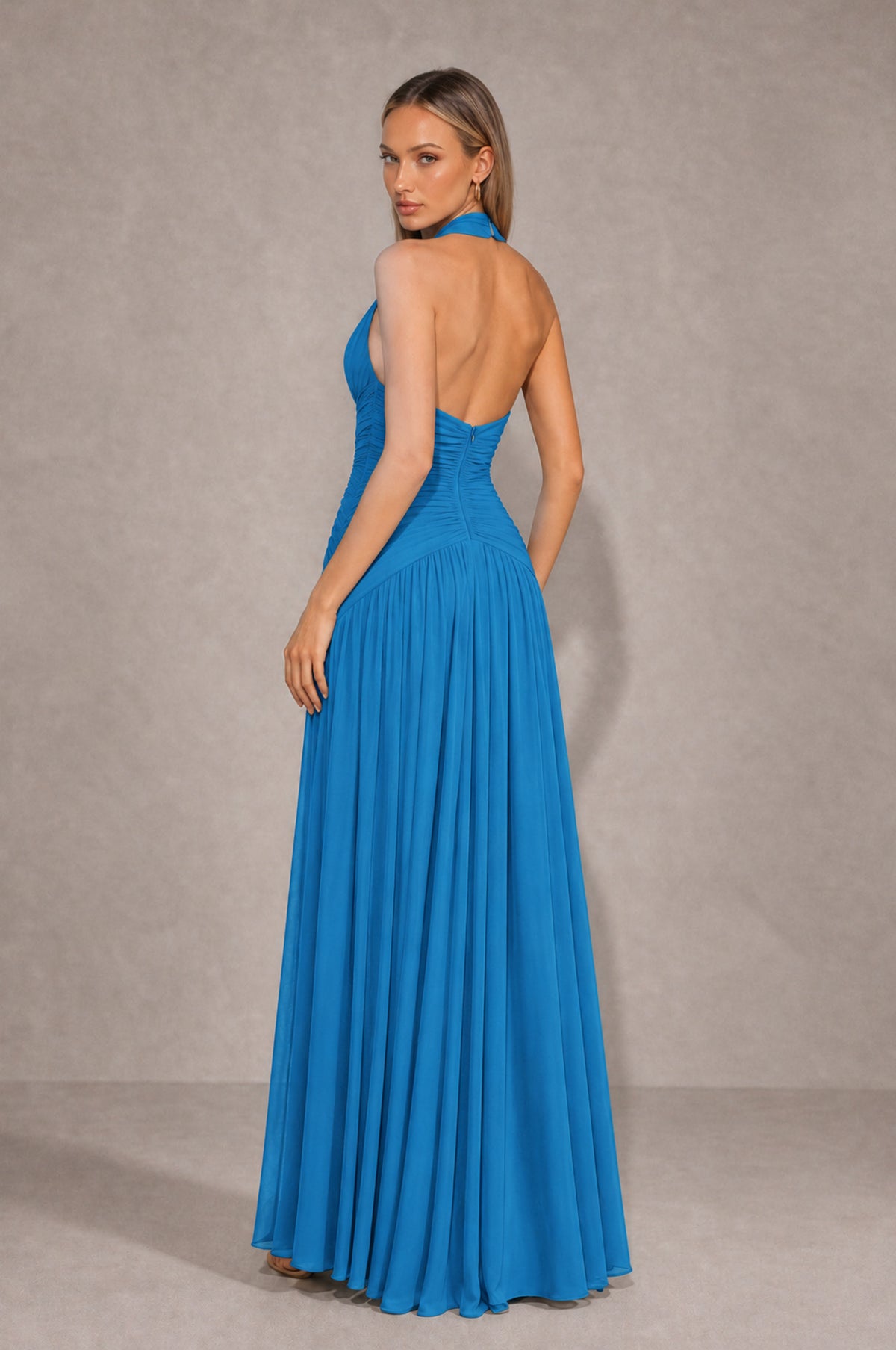 BOLODOO Blue Chiffon Halter Deep V-Neck Ruched A-Line Backless Maxi Dress with Train-BD0167 - Blue - Blue_2