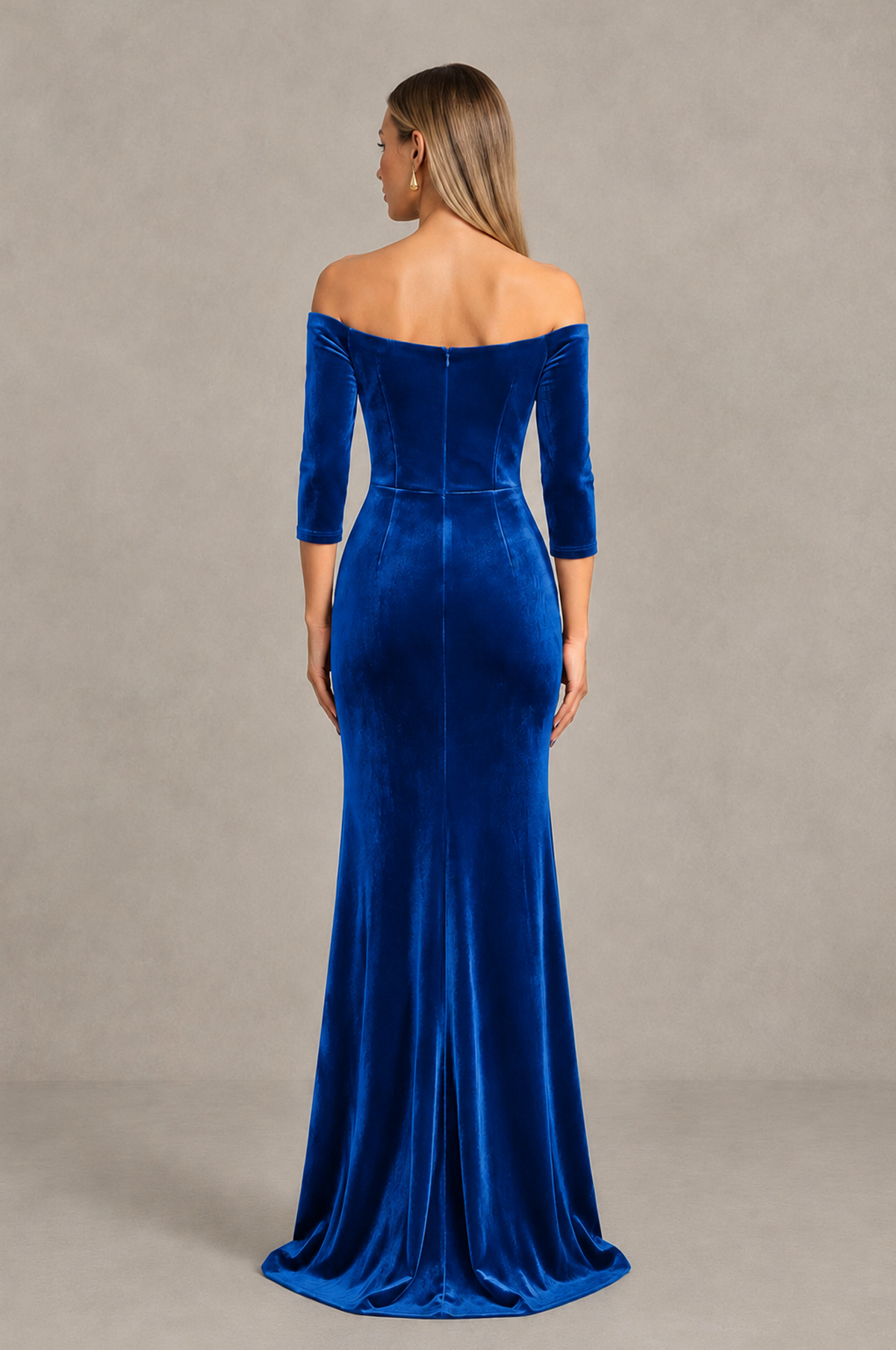 BOLODOO Blue Off-Shoulder Velvet Evening Dress with High Slit - Blue - Blue_2