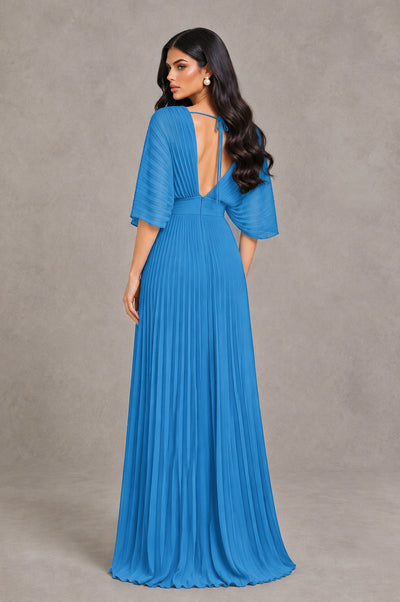 BOLODOO Blue V-Neck Pleated Flutter Sleeve Formal Dress - Blue - Blue_2