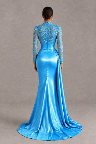 BOLODOO Blue Long Sleeve Embellished Satin Mermaid Evening Gown - Blue - Blue_2