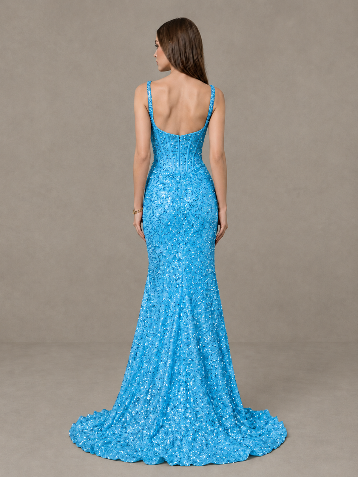 BOLODOO Blue Sequin Corset Evening Gown with High Slit - Blue - Blue_2