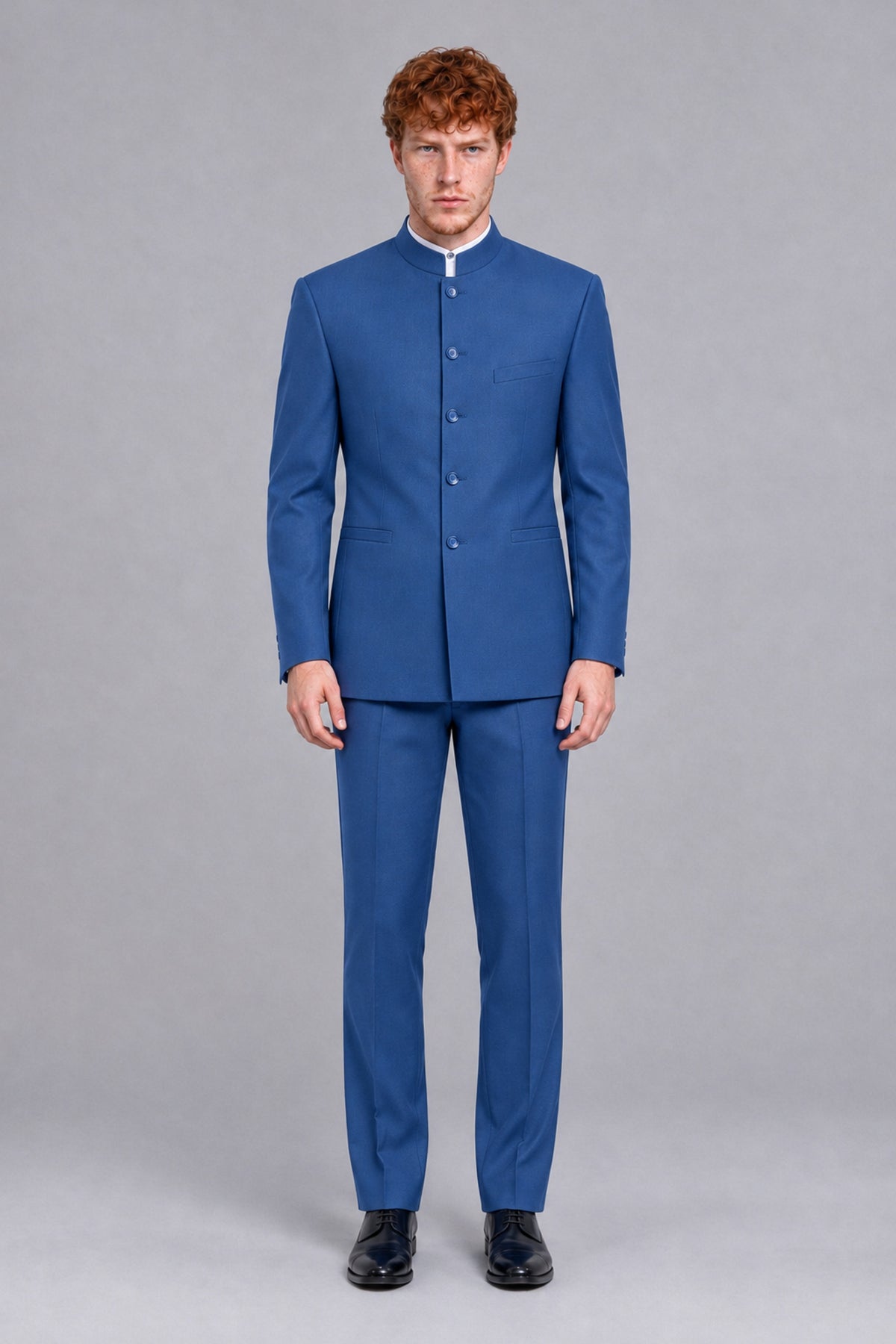 BOLODOO Men's Blue Mandarin Collar Two-Piece Suit - Blue - Blue_2