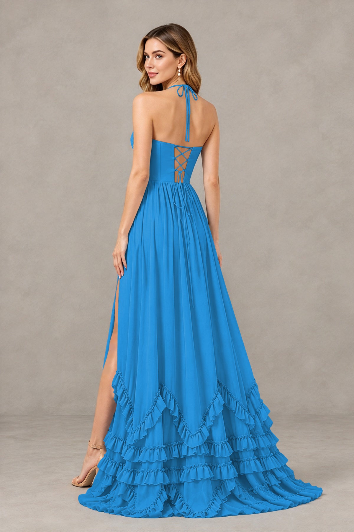 BOLODOO Blue Halter Ruffle Hem A-Line Bridesmaid Dress with High Slit - Blue - Blue(2)