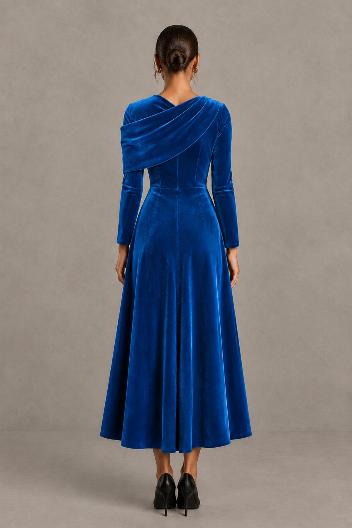 BOLODOO Blue Velvet-Look Long Sleeve Tea-Length A-Line Dress with Draped Neckline - Blue - Blue_2