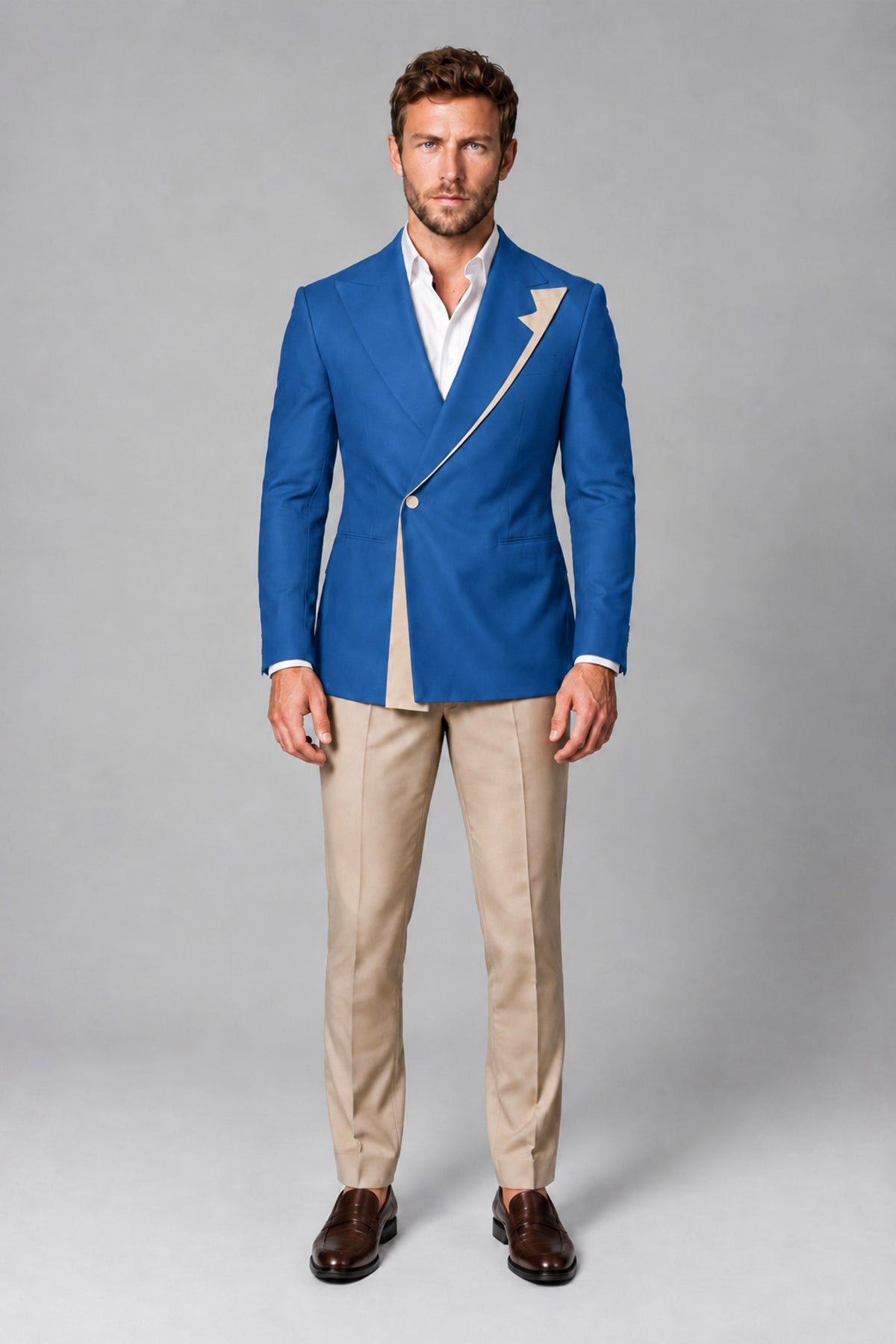 BOLODOO Men's Blue Double-Breasted Blazer & Khaki Trousers Tuxedo 2-Piece Suit Set - Blue - Blue_2