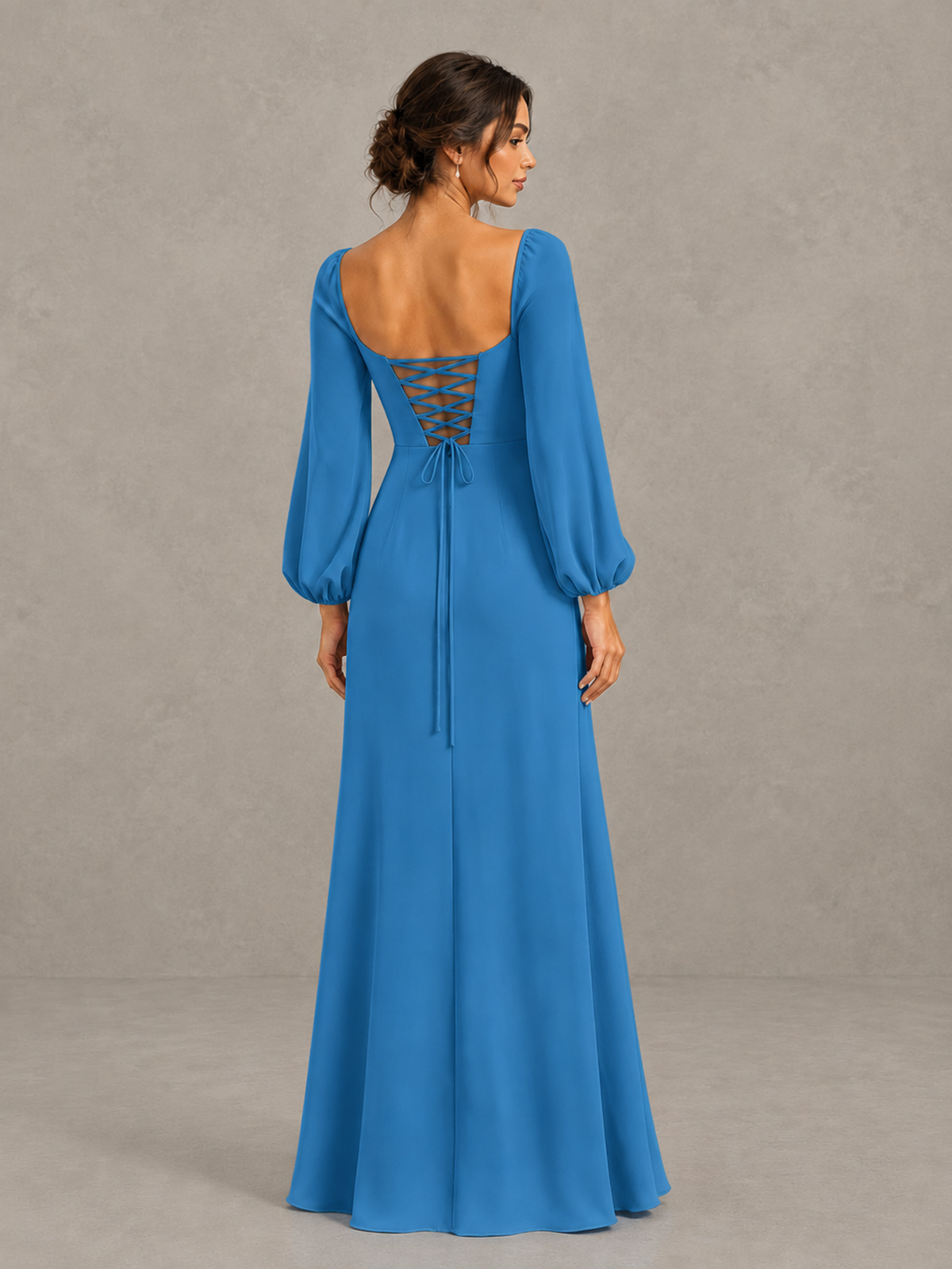BOLODOO Blue Square Neck Long Sleeve Bridesmaid Dress with High Slit - Blue - Blue_2