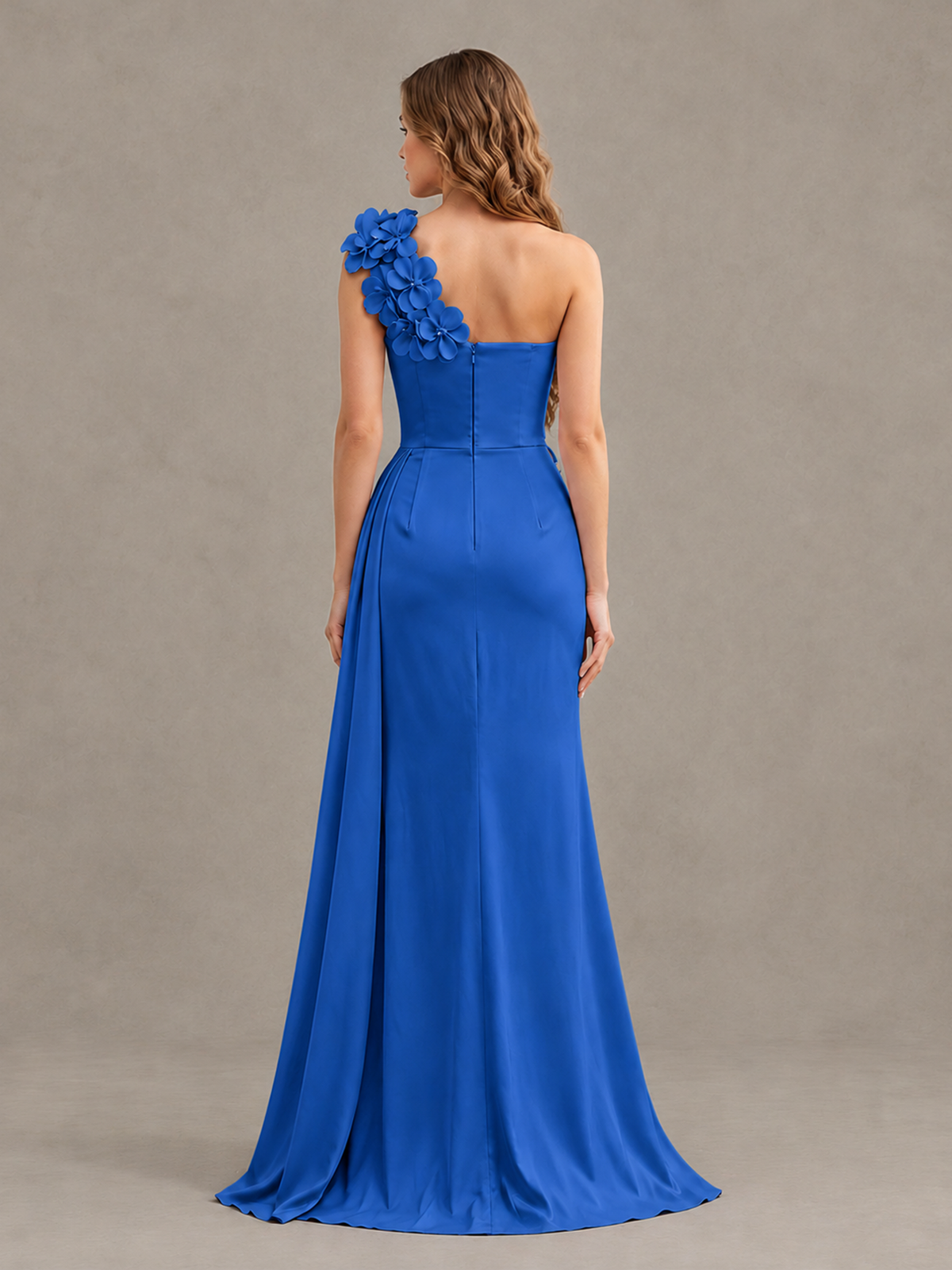 BOLODOO Blue One-Shoulder Satin Mermaid Evening Gown with 3D Floral Appliqué - Blue - Blue_2
