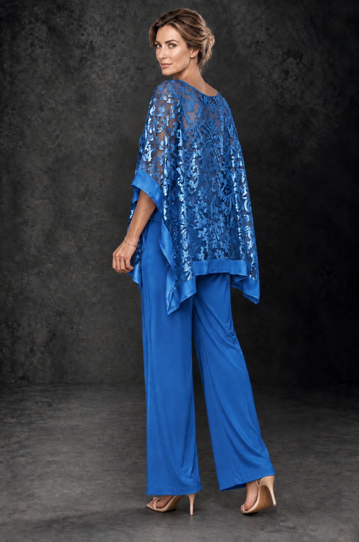 BOLODOO Blue Floral Cape Mother of the Bride Pant Suit - Blue - Blue_2