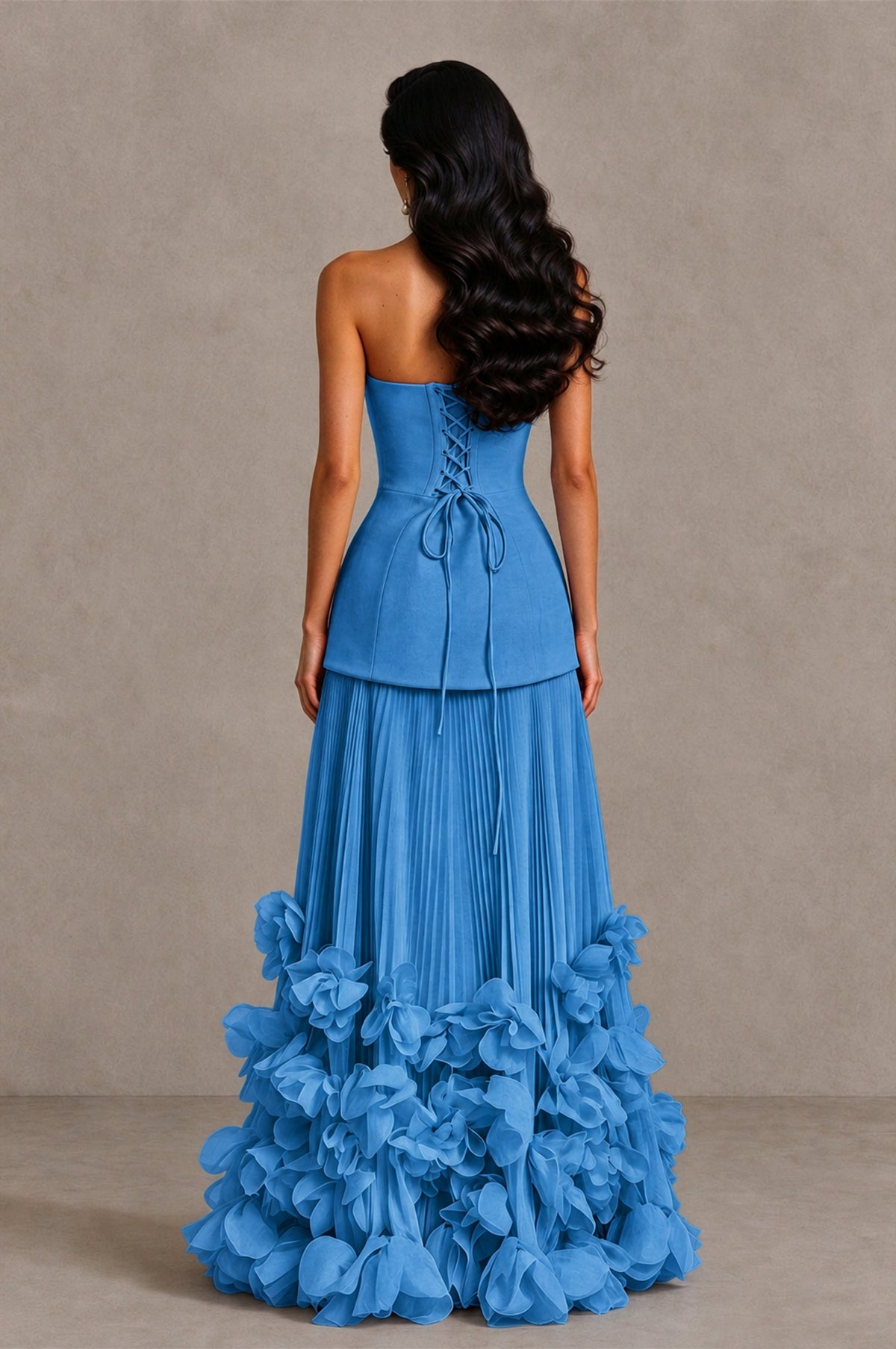 BOLODOO Blue Strapless Pleated Floral Hem Evening Gown - Blue - Blue_2