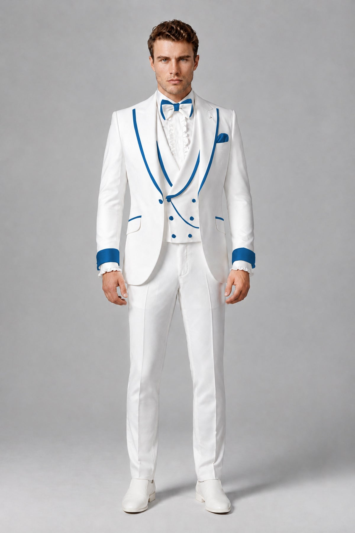 Bolodoo Men's White and Blue Three-Piece Wedding Tuxedo Suit - Blue - Blue_2