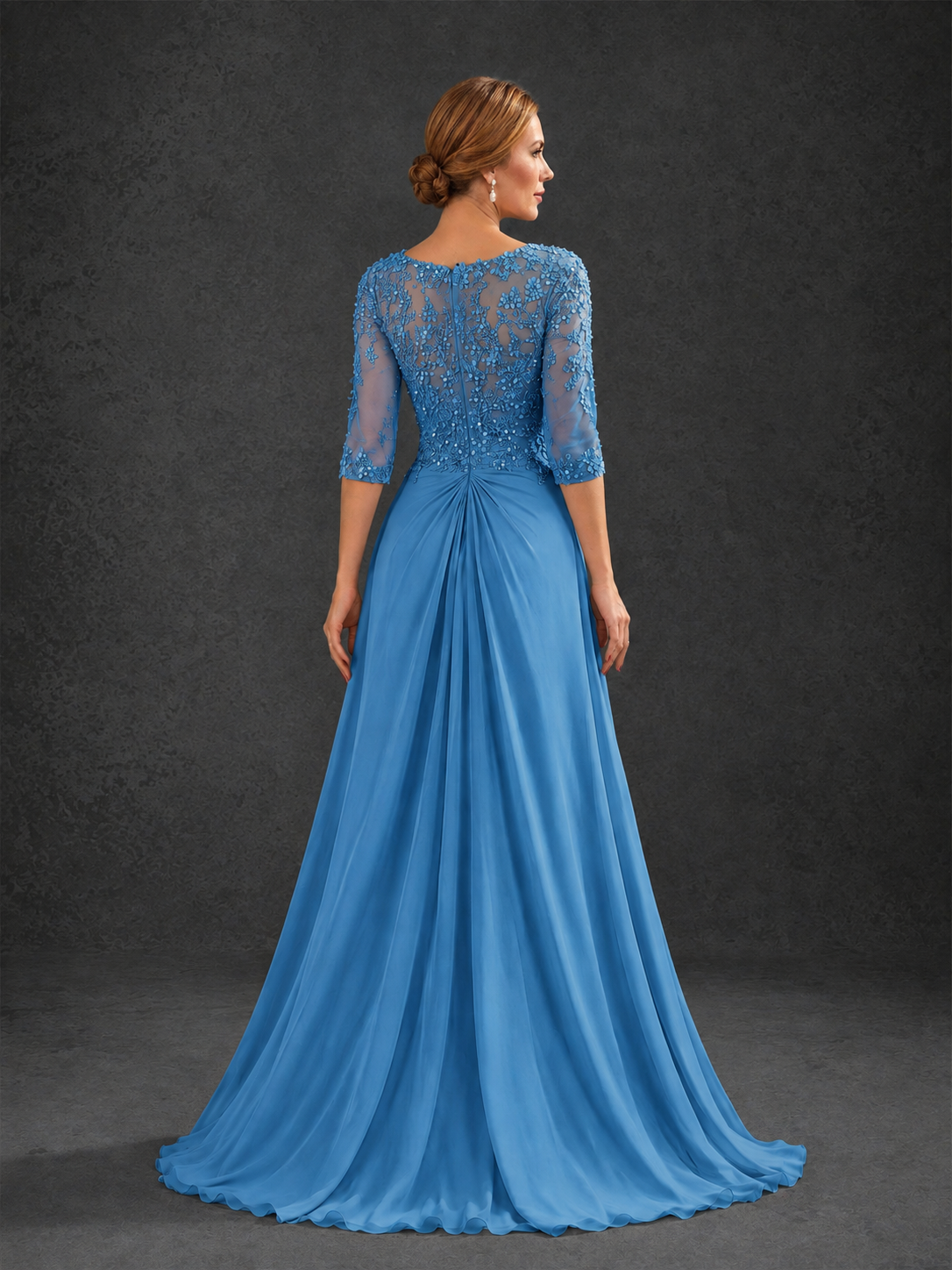 BOLODOO Blue Sweetheart Neck 3/4 Sleeve Floral Lace Illusion Bodice Chiffon A-Line Gown - Blue