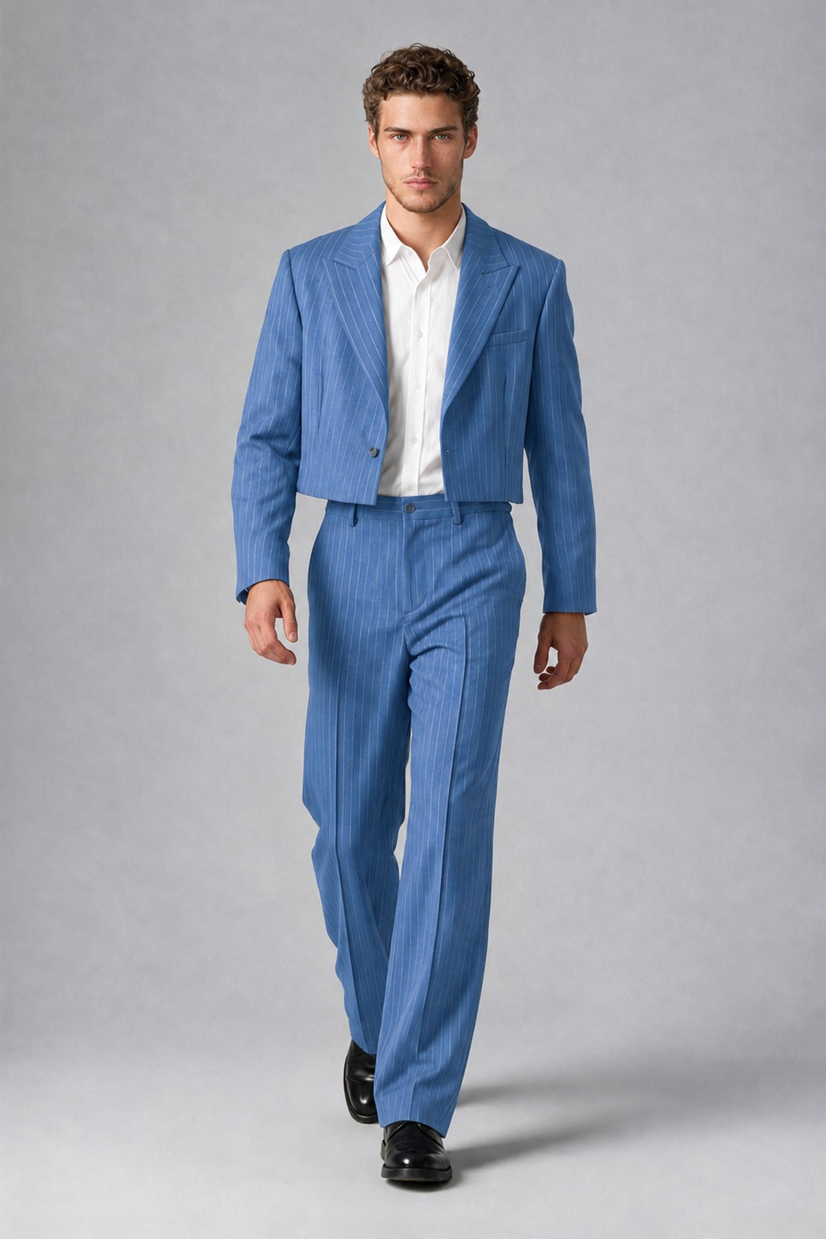 Bolodoo Men's Blue Pinstripe Two-Piece Suit with Cropped Blazer & Wide-Leg Trousers - Blue - Blue_2