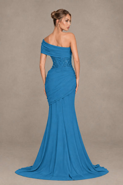 BOLODOO Blue One-Shoulder Sequin Embroidered Ruched Mermaid Gown with Train - Blue - Blue_2