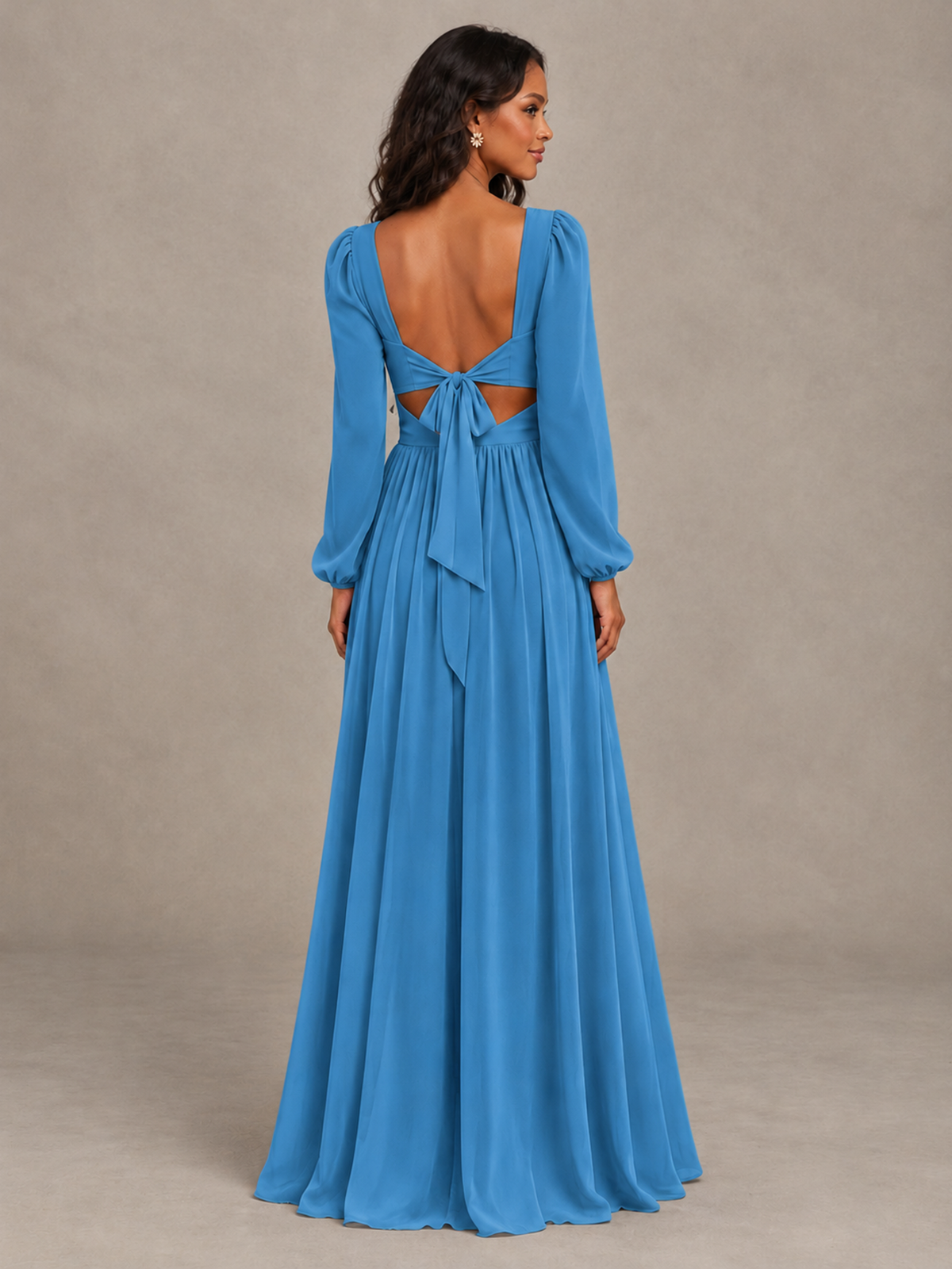 BOLODOO Blue V-Neck Long Sleeve Bridesmaid Dress with Tie Back and Slit - Blue - Blue_2