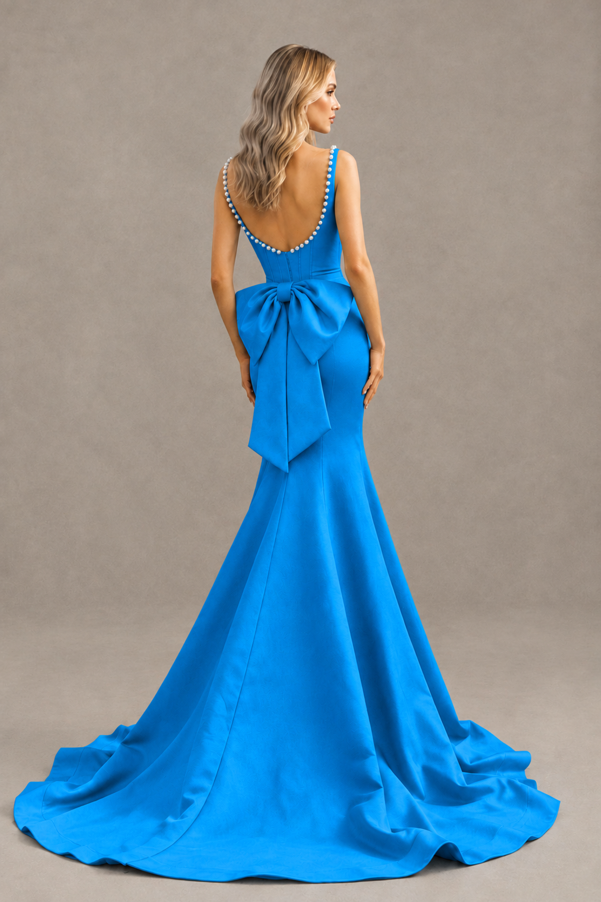 BOLODOO Blue Pearl-Trim Mermaid Prom Dress with Back Bow - Blue - Blue_2