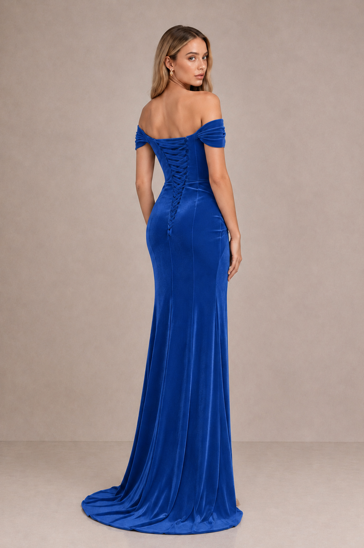 BOLODOO Blue Velvet Off-Shoulder Ruched High Slit Evening Dress - Blue - Blue_2