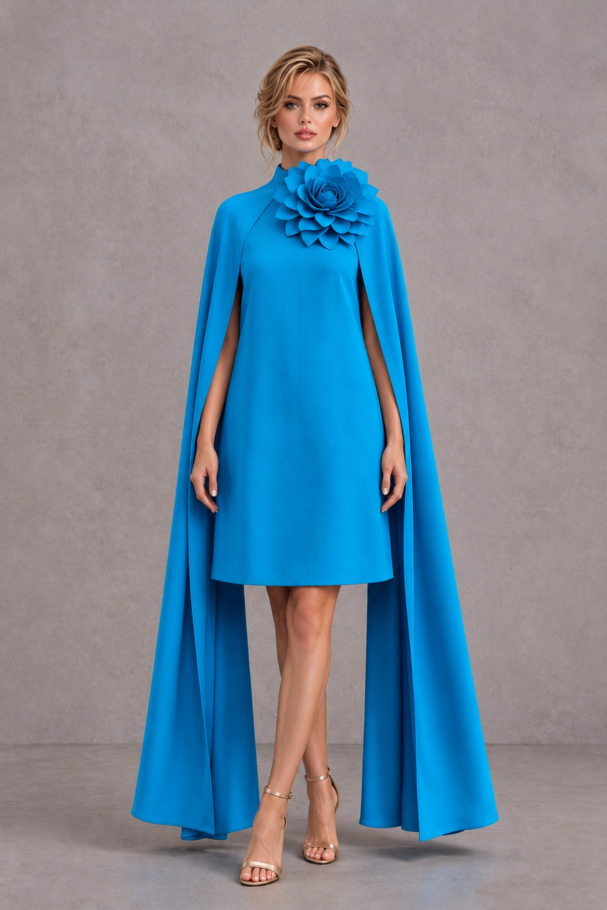 BOLODOO Blue High Neck Floral Cape Mini Cocktail Dress - Blue - Blue_2