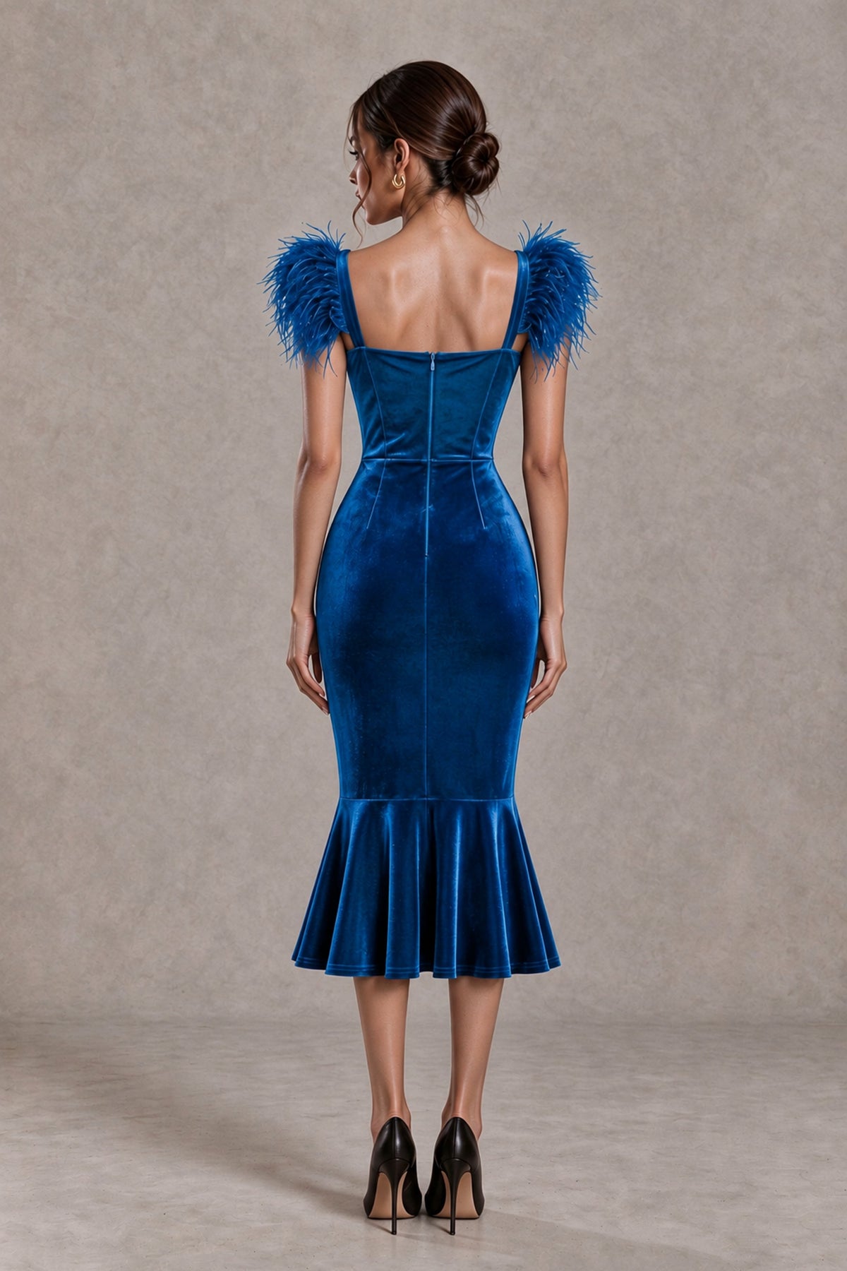 BOLODOO Blue Feather-Trim Velvet-Look Mermaid Midi Dress - Blue - Blue_2
