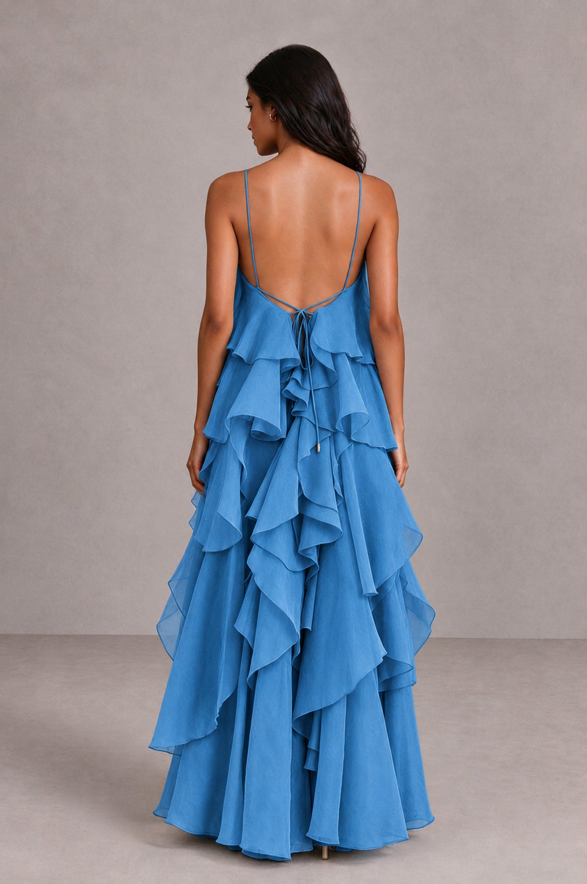 BOLODOO Blue Cascading Ruffle Rosette Open-Back Maxi Dress - Blue - Blue_2