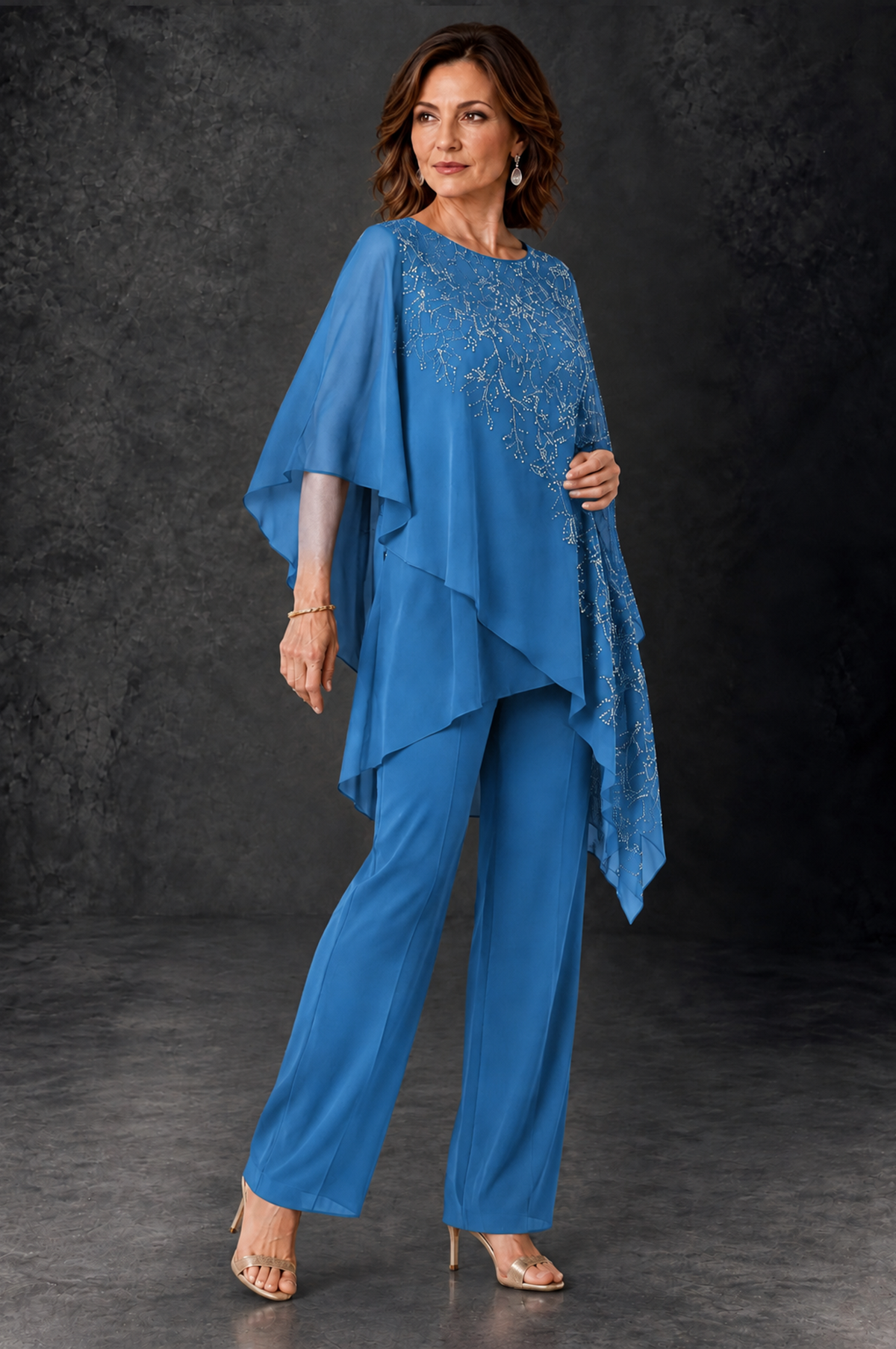BOLODOO Blue Embellished Cape Pant Suit for Mother of the Bride - Blue - Blue_2
