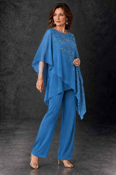 BOLODOO Blue Embellished Cape Pant Suit for Mother of the Bride - Blue - Blue_2