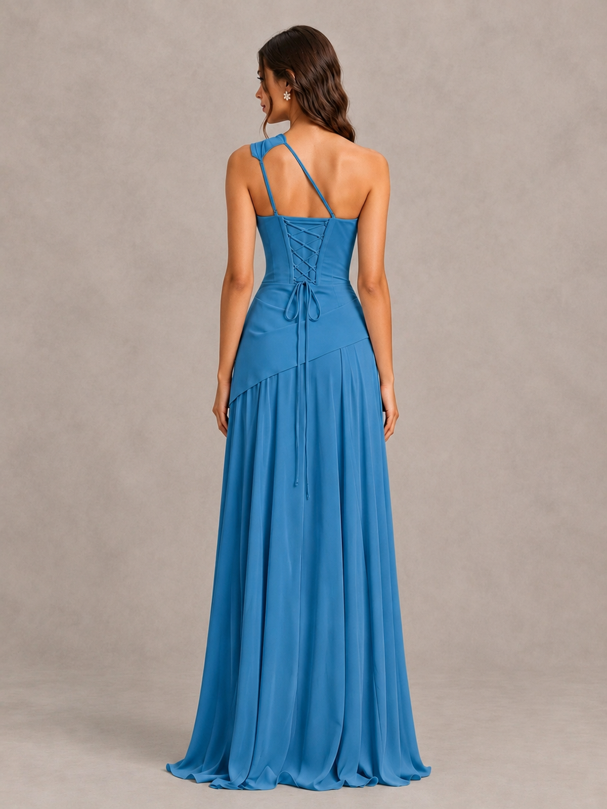 BOLODOO Blue One-Shoulder Lace-Up Back Bridesmaid Dress - Blue - Blue_2