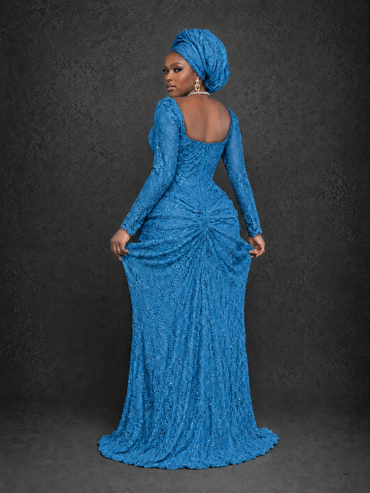 BOLODOO Blue Beaded Lace Long Sleeve Mermaid Gown Sweetheart | Mother of the Bride - Blue - Blue_2