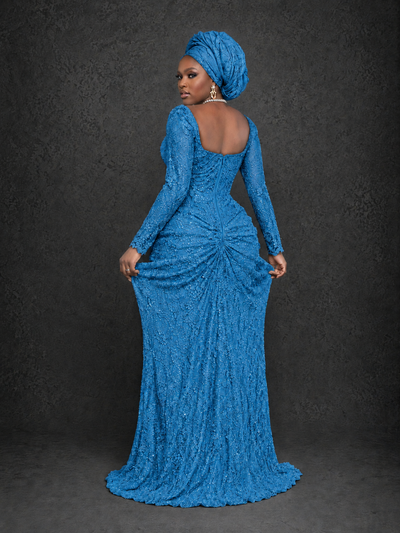 BOLODOO Blue Beaded Lace Long Sleeve Mermaid Gown Sweetheart | Mother of the Bride - Blue - Blue_2
