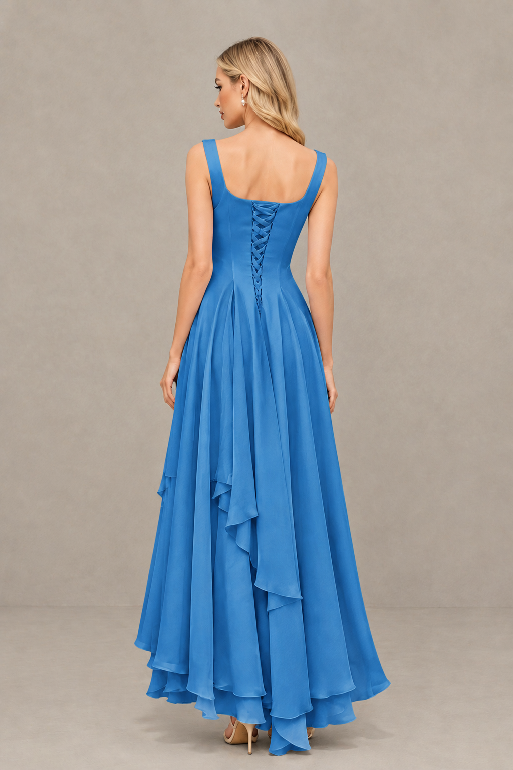BOLODOO Blue Square Neck Chiffon Bridesmaid Dress with Lace-Up Back - Blue